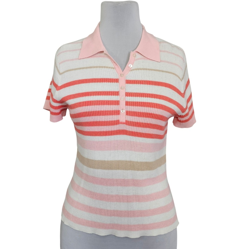 Vintage Basic Editions Ribbed Knit Polo Top Pink Striped Short Sleeve Size L Y2K